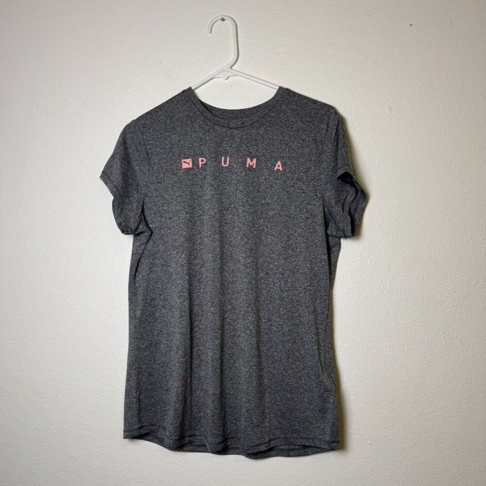 Puma Womens Large Gray Heather Athletic T Shirt Pink Logo Crew Neck Active Tee